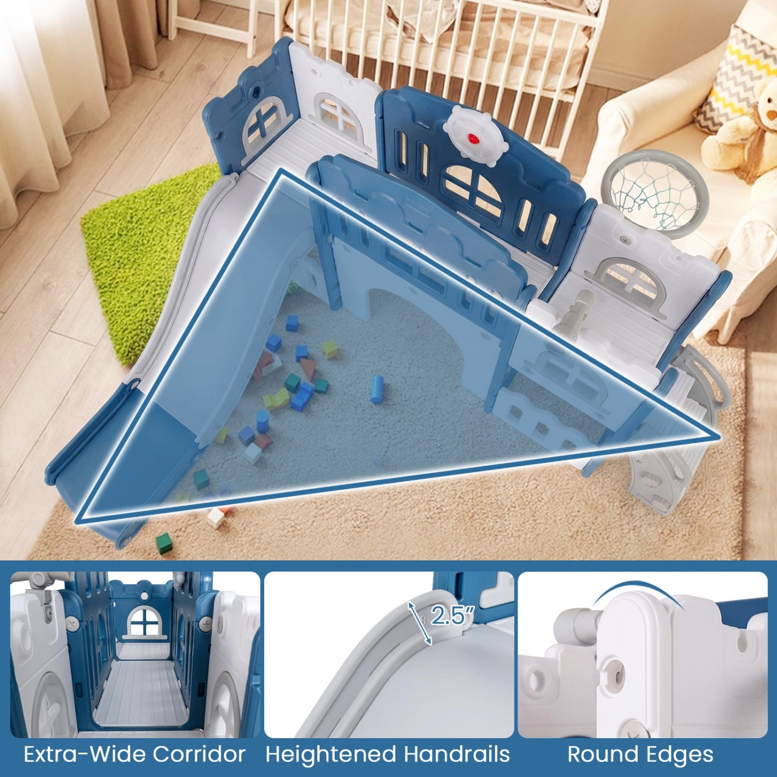 SUGIFT Toddler Blue All-in-1 Slide Playset with Tunnel and Basketball Hoop 70-in W 40.5-in H 110-lb Child Capacity