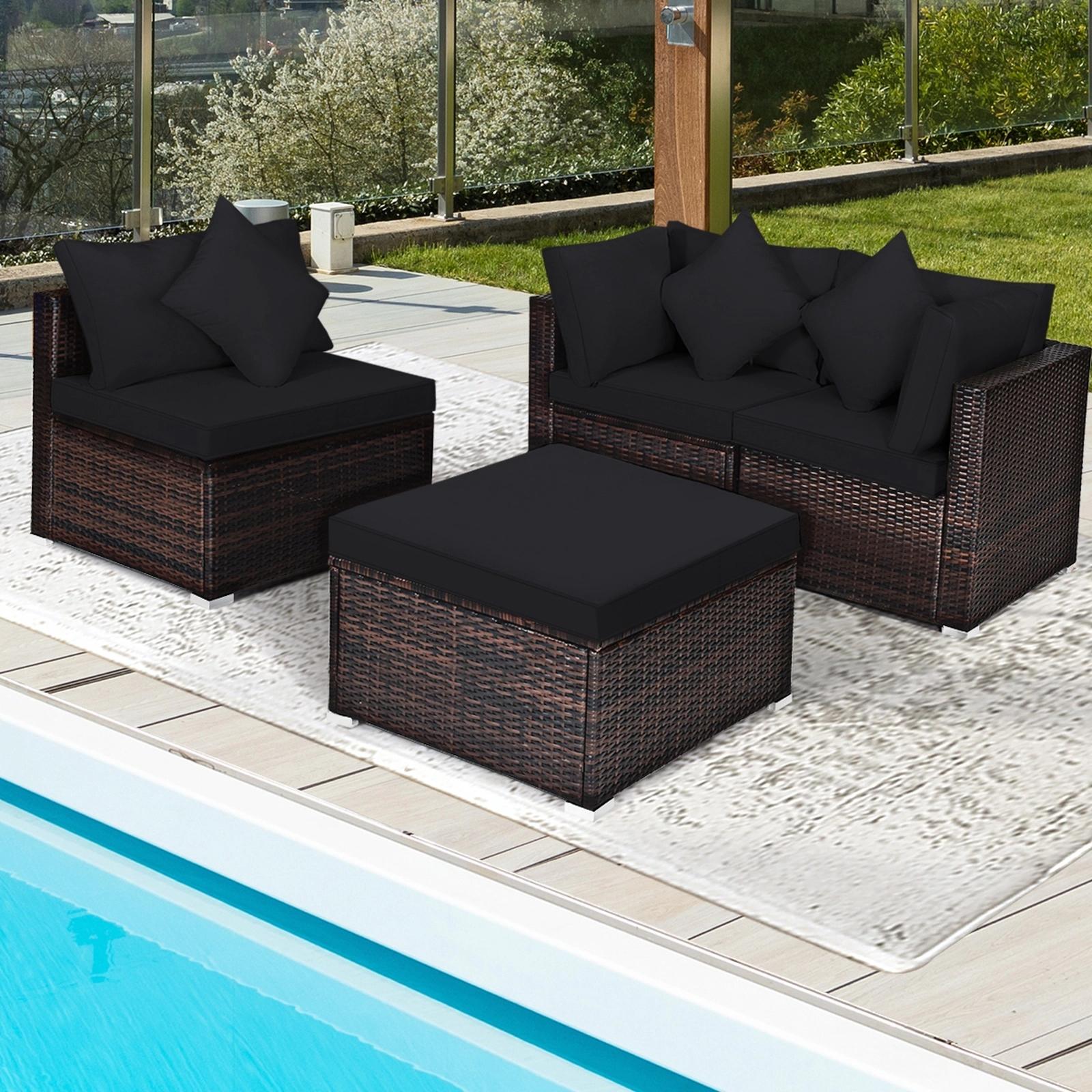 SUGIFT 4-Piece Black Wicker Patio Sectional, L-Shaped Corner Sofas and 4-Inch Cushioned Ottoman