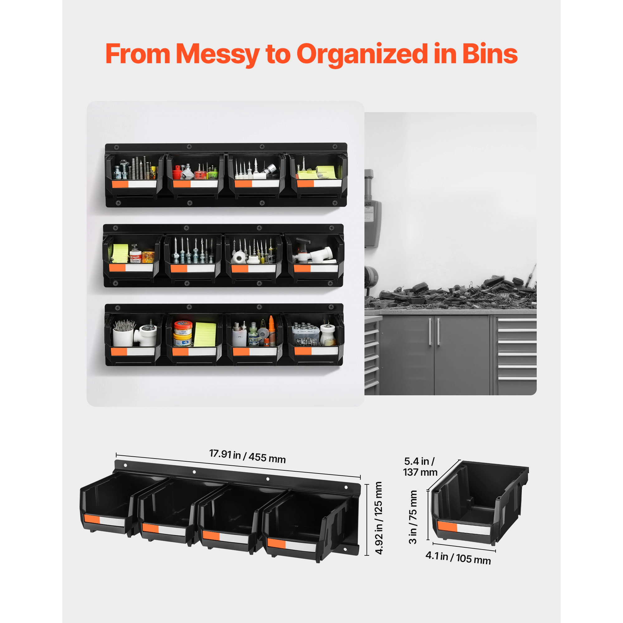 HONGGE Wall Mounted Storage Bins 12 Plastic Bins & 3 Metal Rails Plastic Hanging Stackable Storage Bin for Screws Nuts