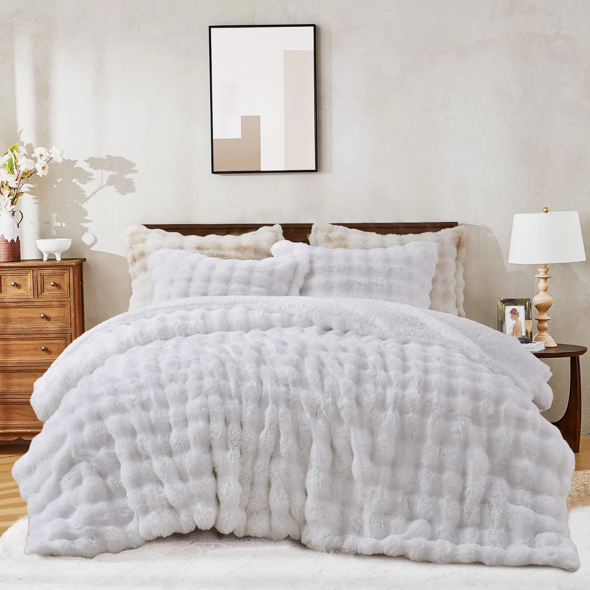 Unikome Dual-Side Fluffy Faux Rabbit Fur Comforter Set, Plush Fuzzy Bedding Set