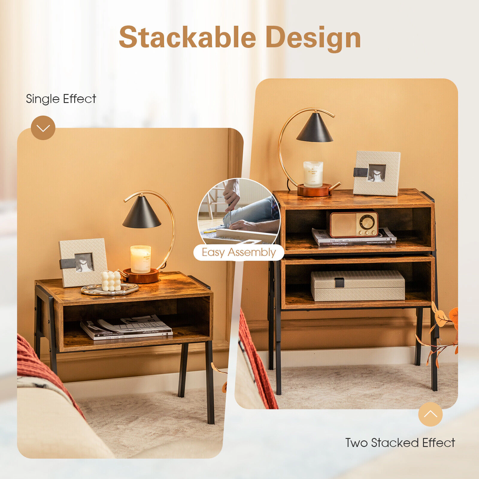 Hivvago Stackable Night Stand Shelf Accent Table with Metal Frame