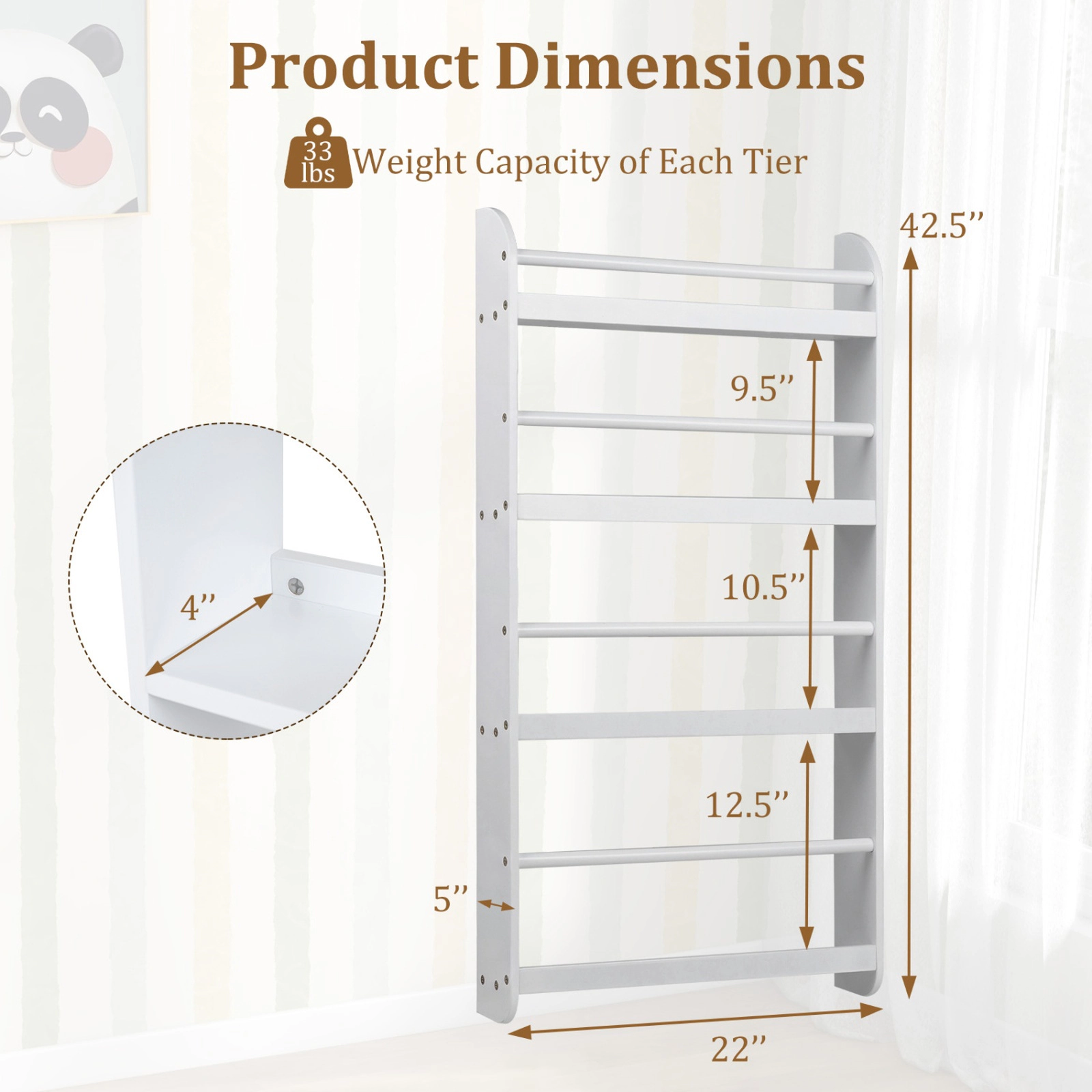 SUGIFT 4-Tier Wall Bookshelf Organizer for Toys and Books 33-lb Per Layer Ages 3+ White/Pink