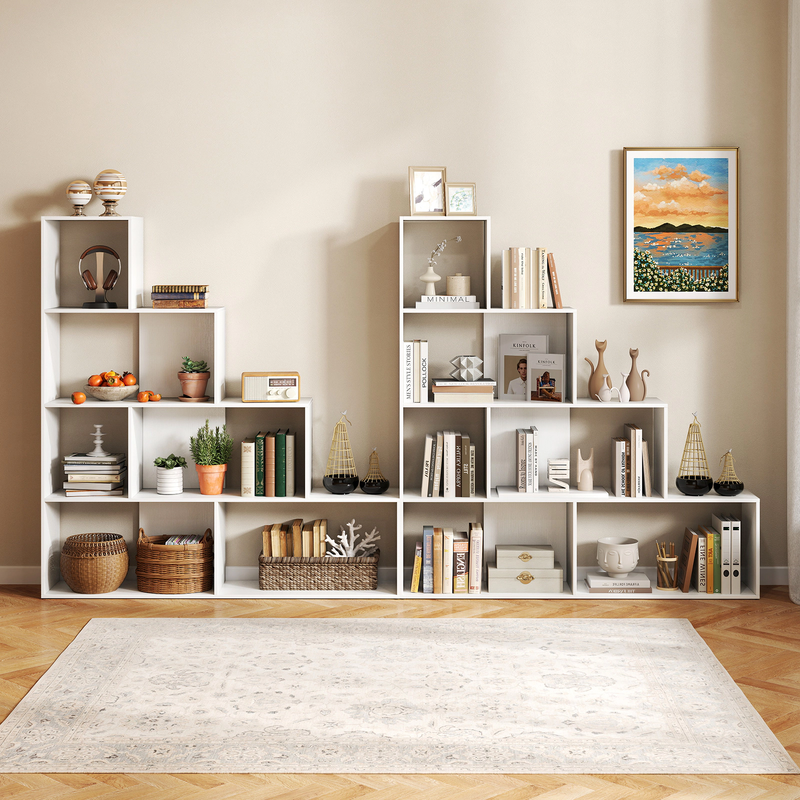 SUGIFT White 4-Tier Stair Bookcase with 6 Cubes and Stepped Display Design