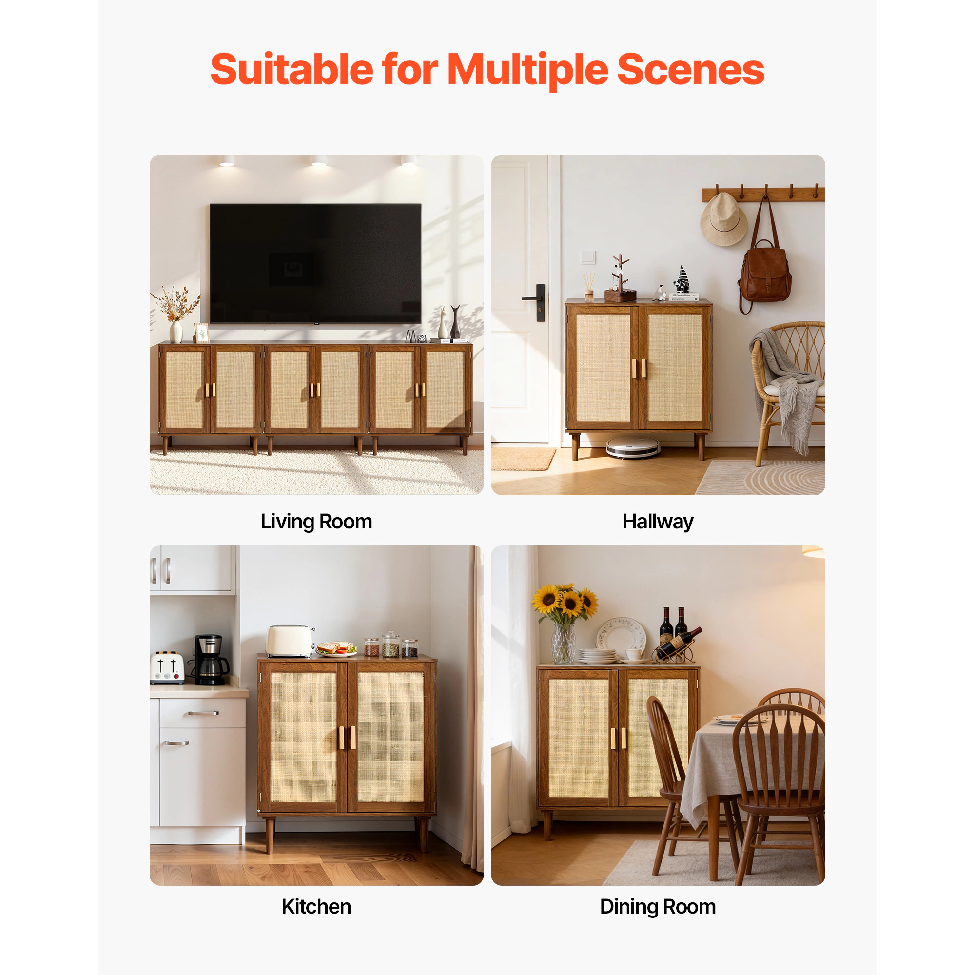 HONGGE Rattan Cabinet Rattan Storage Cabinet with 2 Magnetic Doors and Adjustable Shelves Accent Sideboard Buffet with