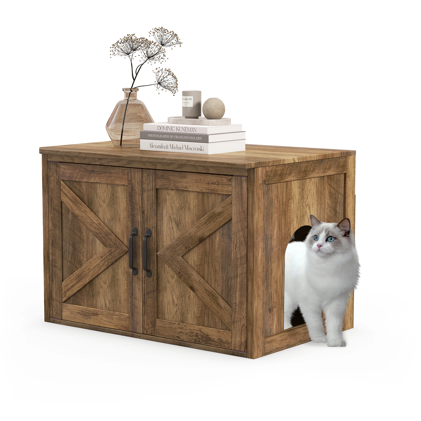 SUGIFT Flip Top Hidden Cat Washroom Pet House Cabinet with Double Barn Doors 66-lb Top Capacity 55-lb Inner Capacity Oak