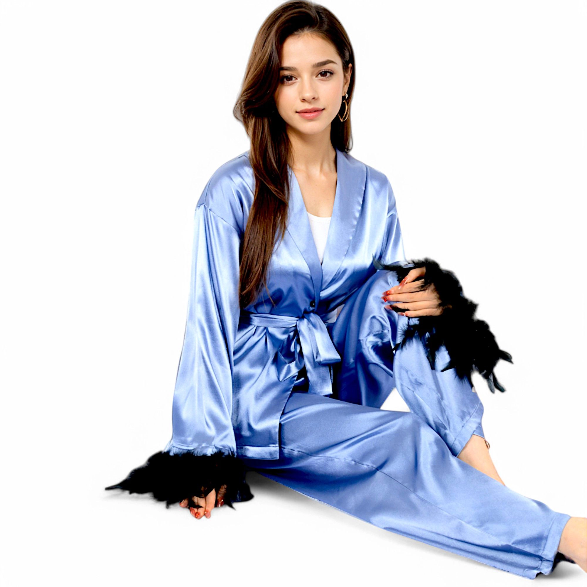 Anna-Kaci Women's Satin Feather Trim Button Up Lounge Set with Wide Leg Pants