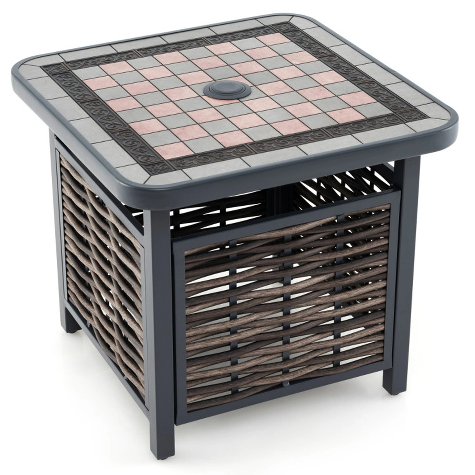 SUGIFT 21.5-in Square PE Rattan Resin Side Table End Table with 1.5-in Umbrella Hole 110-lb Capacity Black & Brown