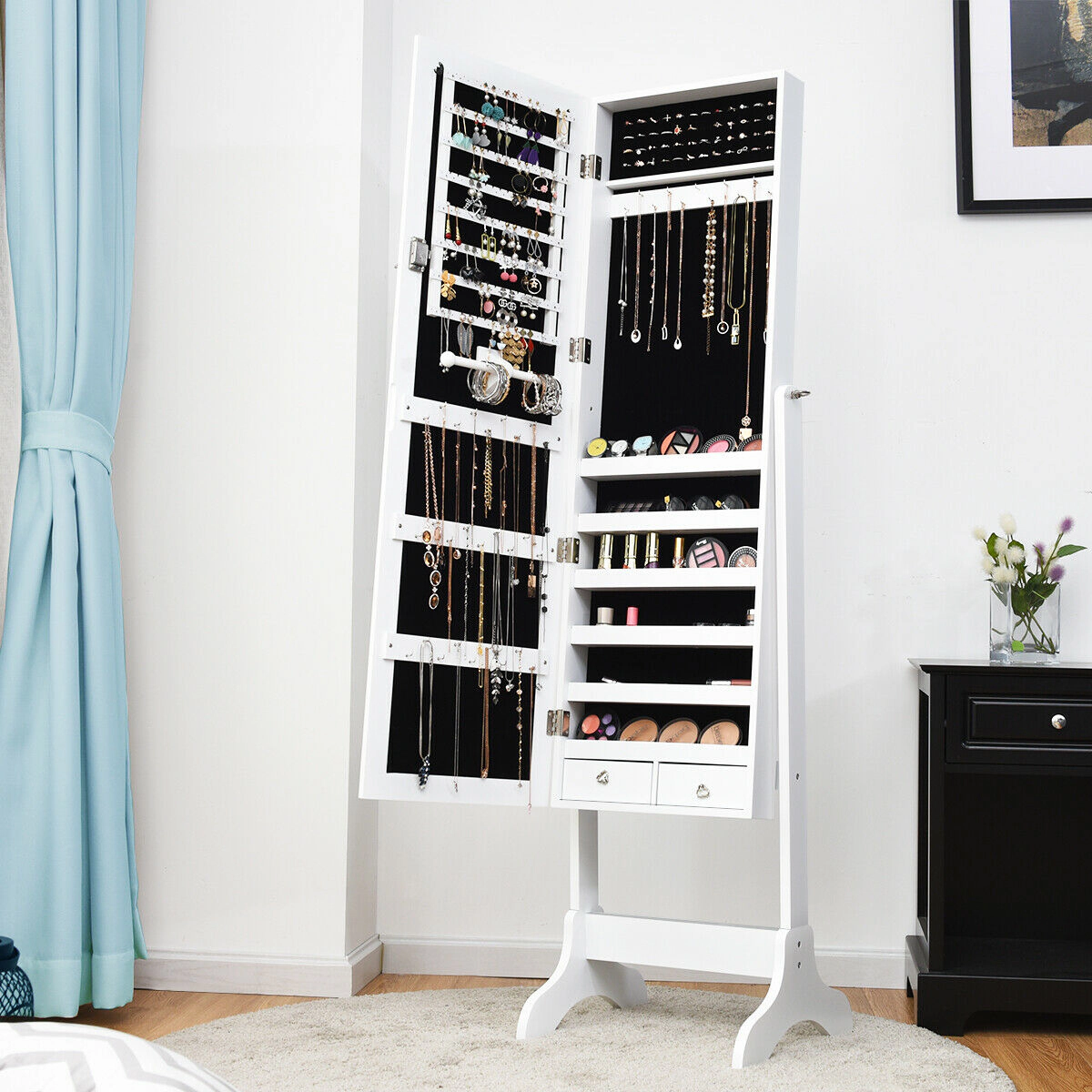 Slickblue 61.5 Inch Freestanding Lockable Jewelry Cabinet with Full-Length Mirror and 2 Storage Drawers