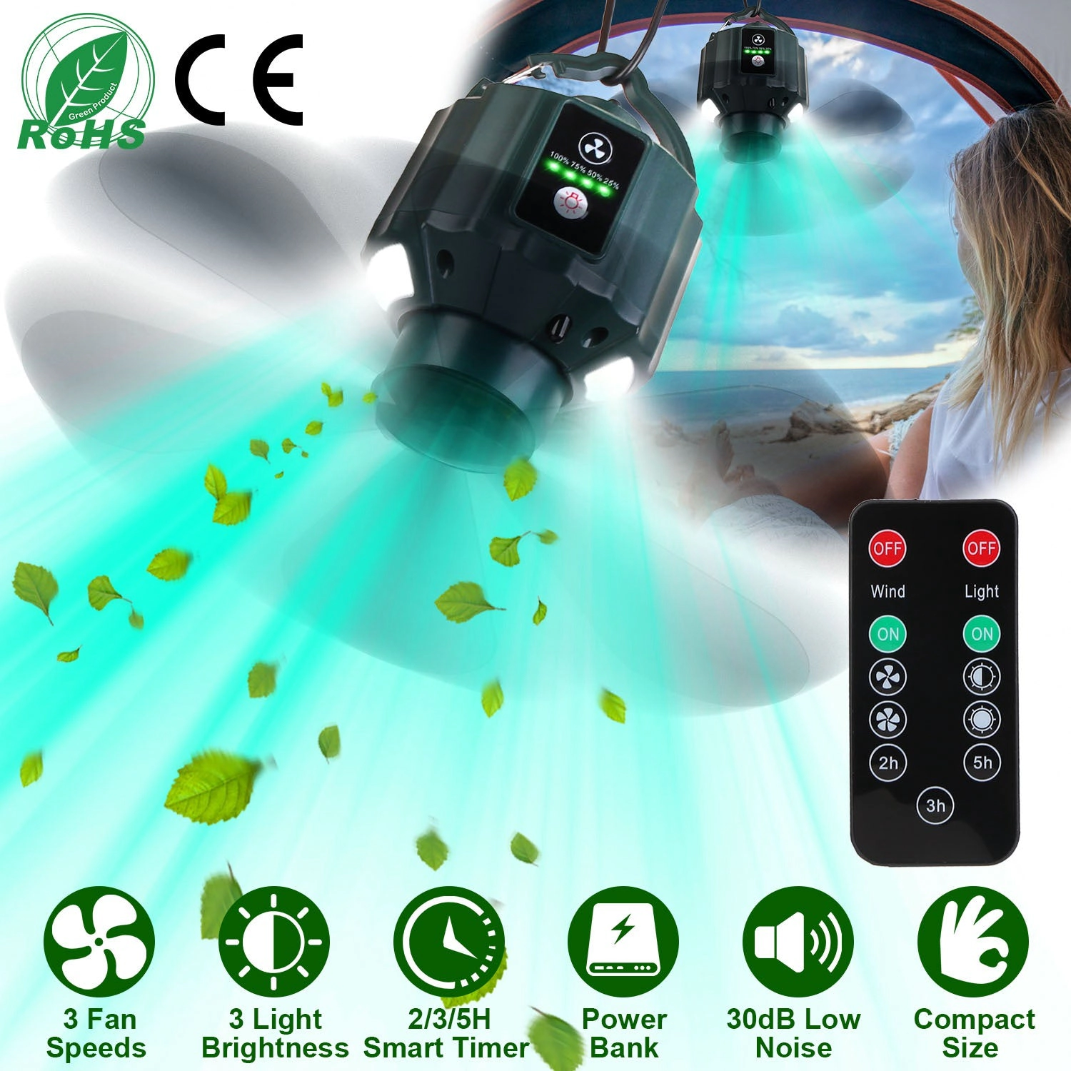 GBruno 3-in-1 LED Camping Fan With Power Bank