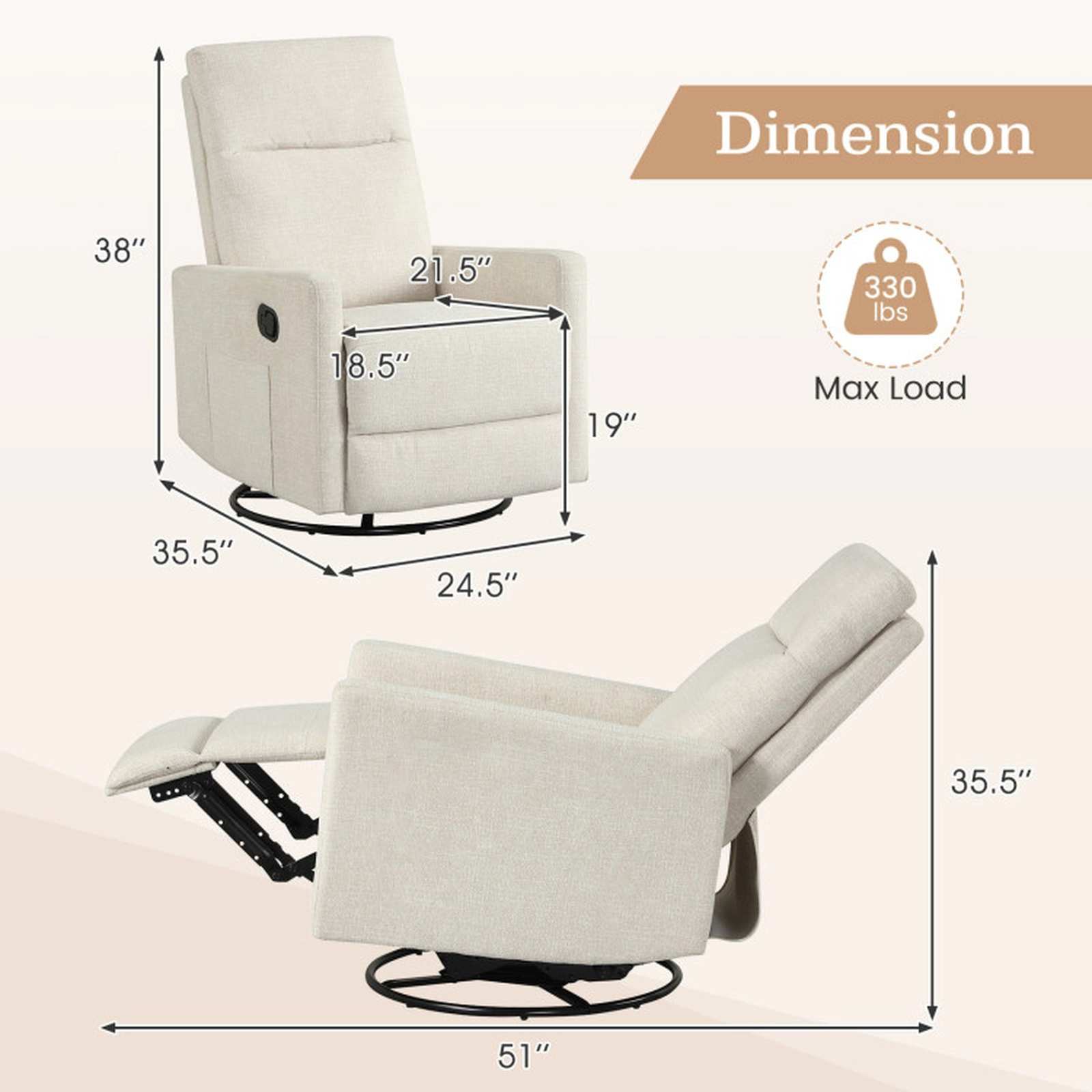 SUGIFT 360-Degree Swivel Reclining Upholstered Nursery Rocking Chair 35.5-in x 24.5-in x 38-in 330-lb Capacity Beige