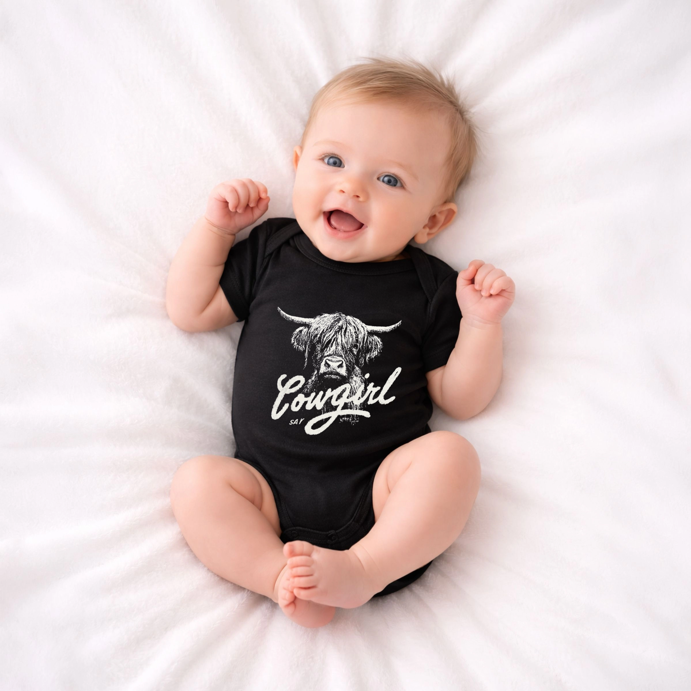 The Juniper Shop - Cowgirl Highland Cow Baby Short Sleeve Graphic Bodysuit