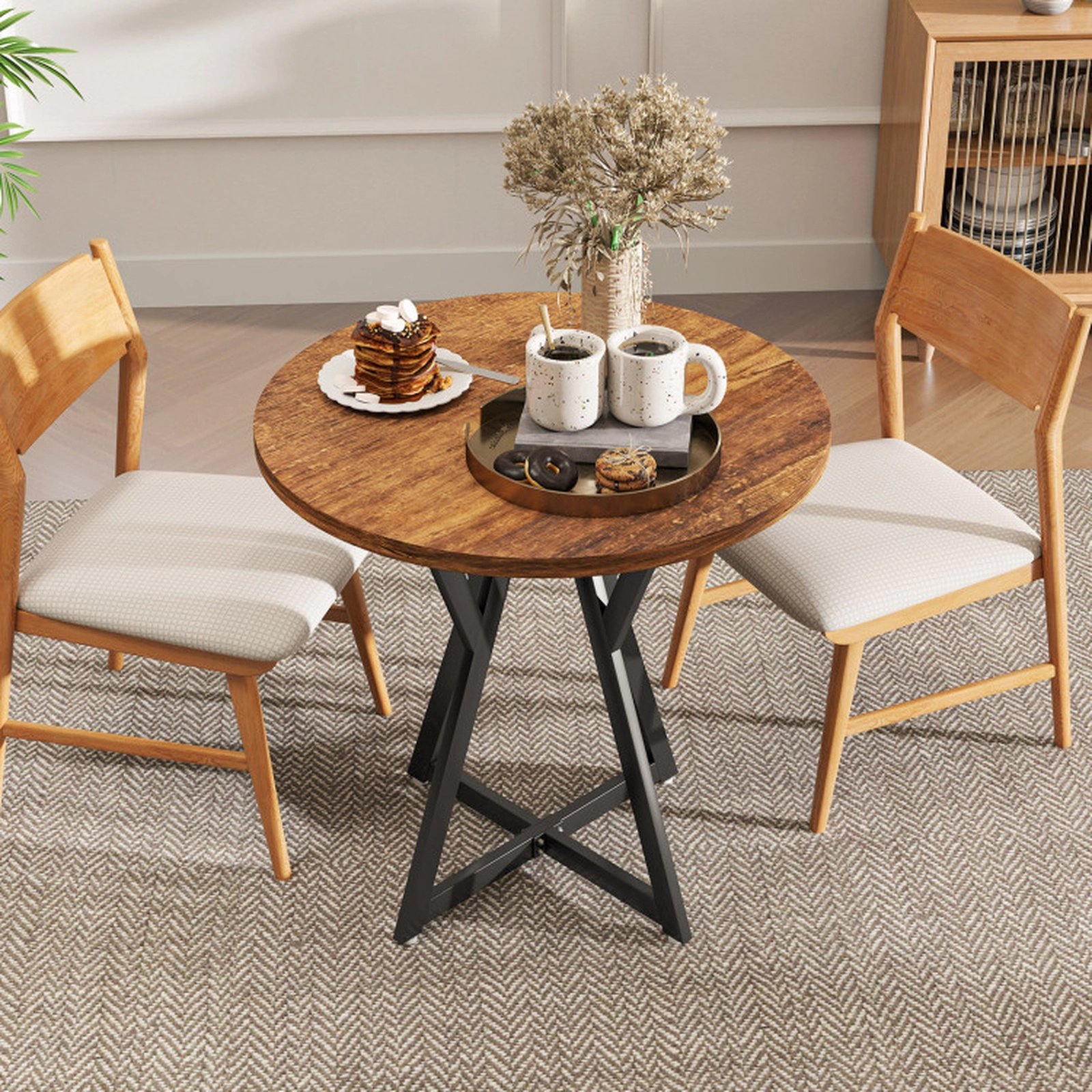 SUGIFT 31.5-in Round Industrial Dining Table Engineered Wood Top Metal Pedestal X-Base 220-lb Capacity Rustic Brown