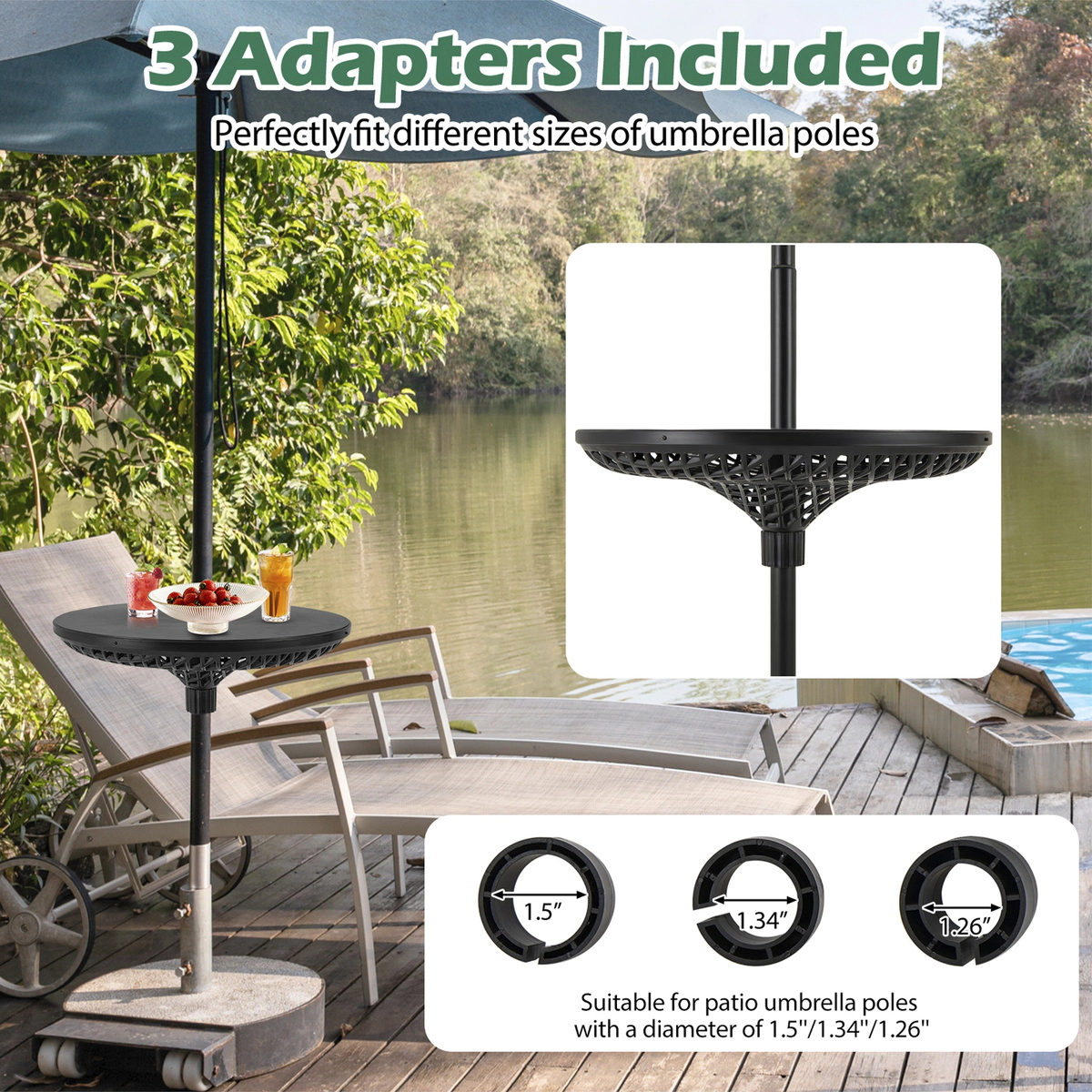 SUGIFT Black 3 Pole Adapters ABS 23-in Patio Umbrella Table Tray