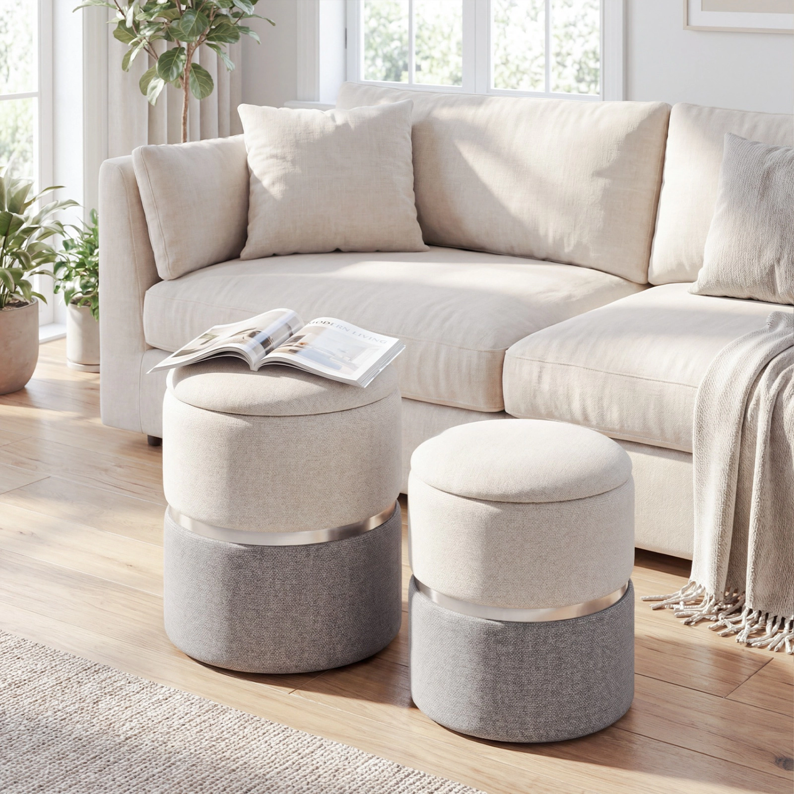 SUGIFT Set of 2 Gray Velvet Storage Ottoman Stools, 330-Lb Capacity, Reversible Lids