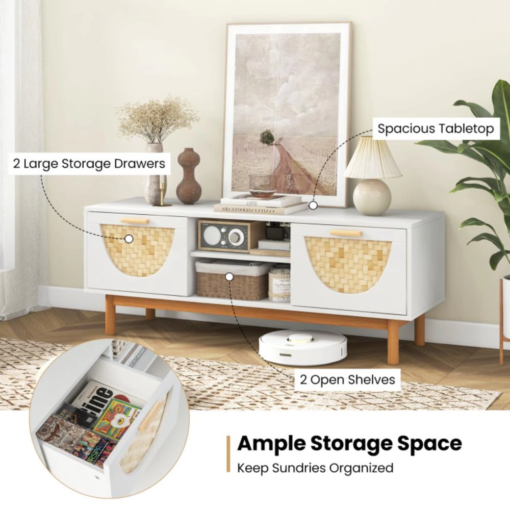 Hivvago Mid Century Modern TV Stand Entertainment Center for 55-Inch TV with 2 Drawers and Bamboo Woven Fronts