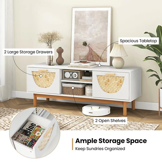Hivvago Mid Century Modern TV Stand Entertainment Center for 55-Inch TV with 2 Drawers and Bamboo Woven Fronts