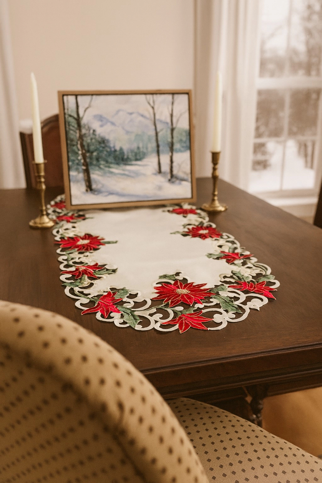 Jiallo Christmas Poinsettia Embroidered Cutwork Rectangular Table Runner, 15 by 70  inch