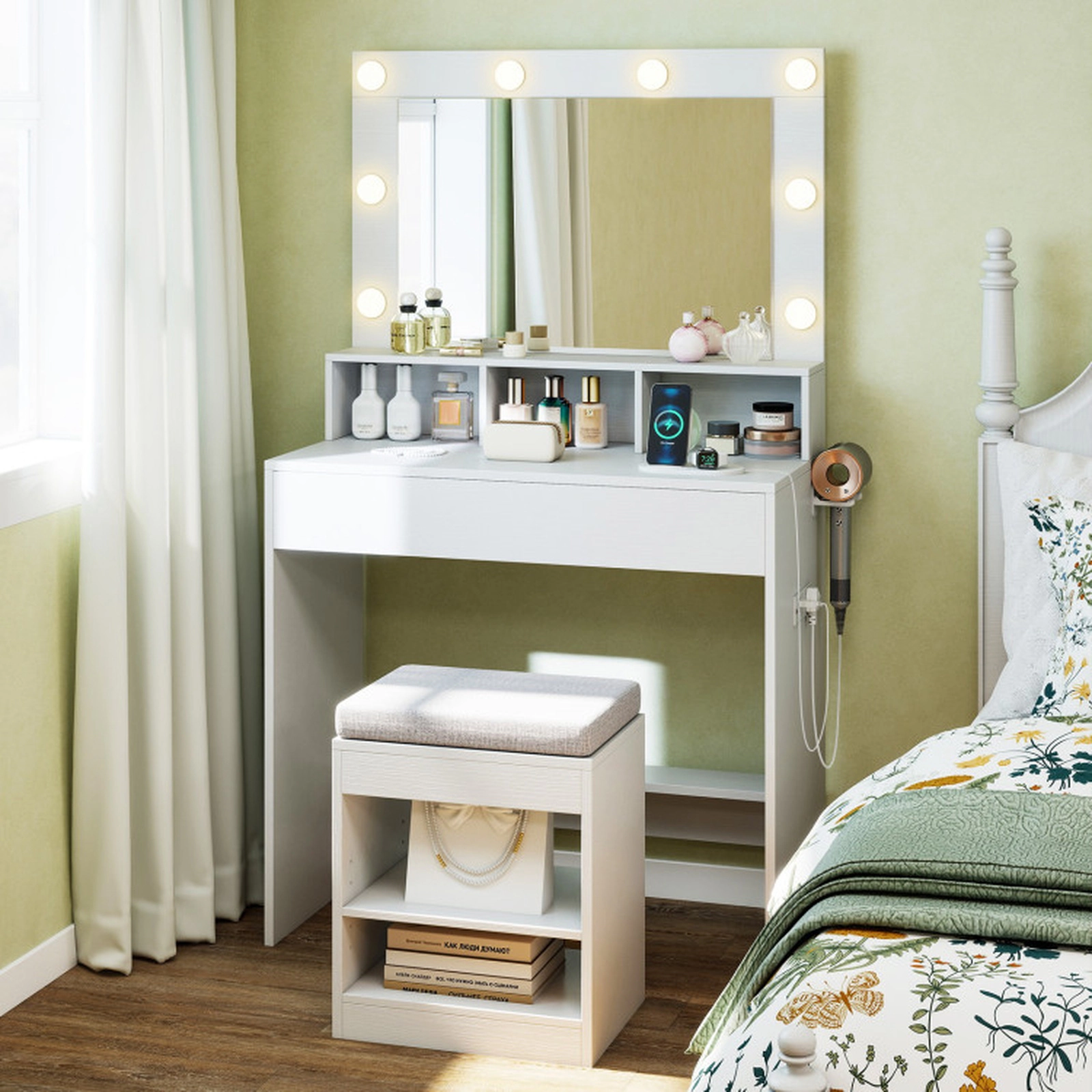 SUGIFT 2-Piece 31.5-Inch Vanity Desk Set with Lighted Mirror, Stool and Charging Station