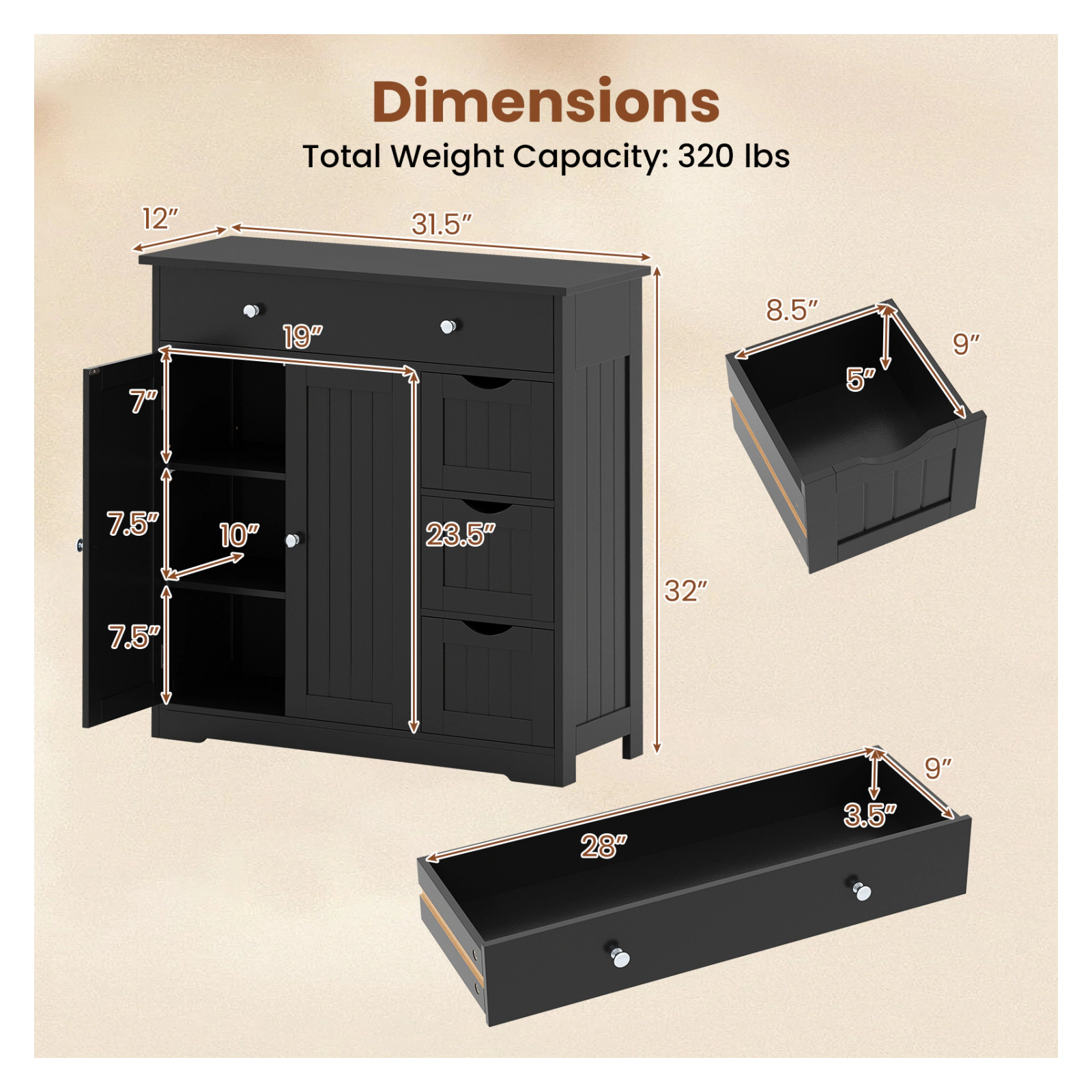 Glintex Wide Bathroom Cabinet with 4 Drawers 2 Doors and 320-Lb Capacity