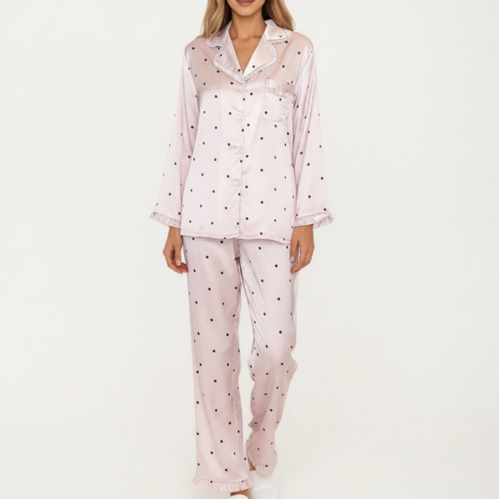 Anna-Kaci Women's 2-Piece Polka Dot Satin Button Front Pajama Top with Ruffle Trim and Matching Relaxed Fit Lounge Pants