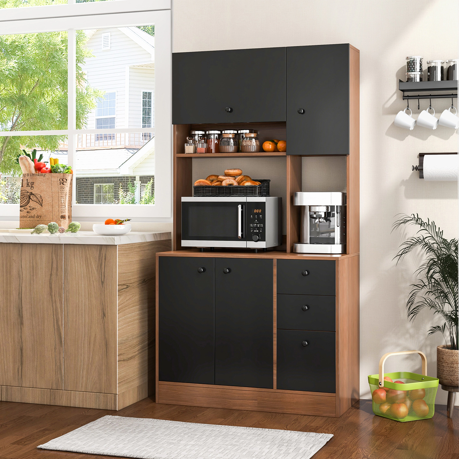 SUGIFT 71-in Tall 110-lb Countertop Walnut Pantry Cabinet with 3 Storage Cabinets and 3 Deep Drawers