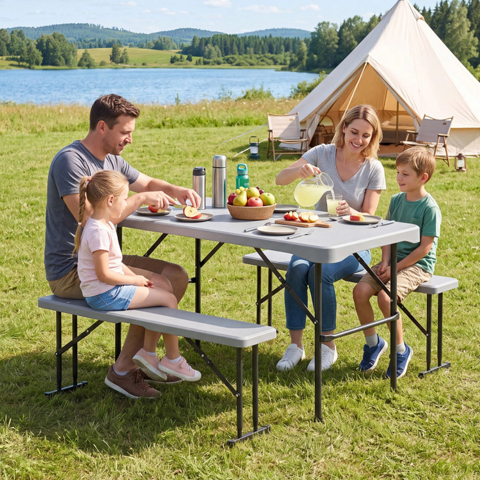 SUGIFT 44 in Folding Picnic Table Set Gray HDPE with 2 Benches and Honeycomb Top