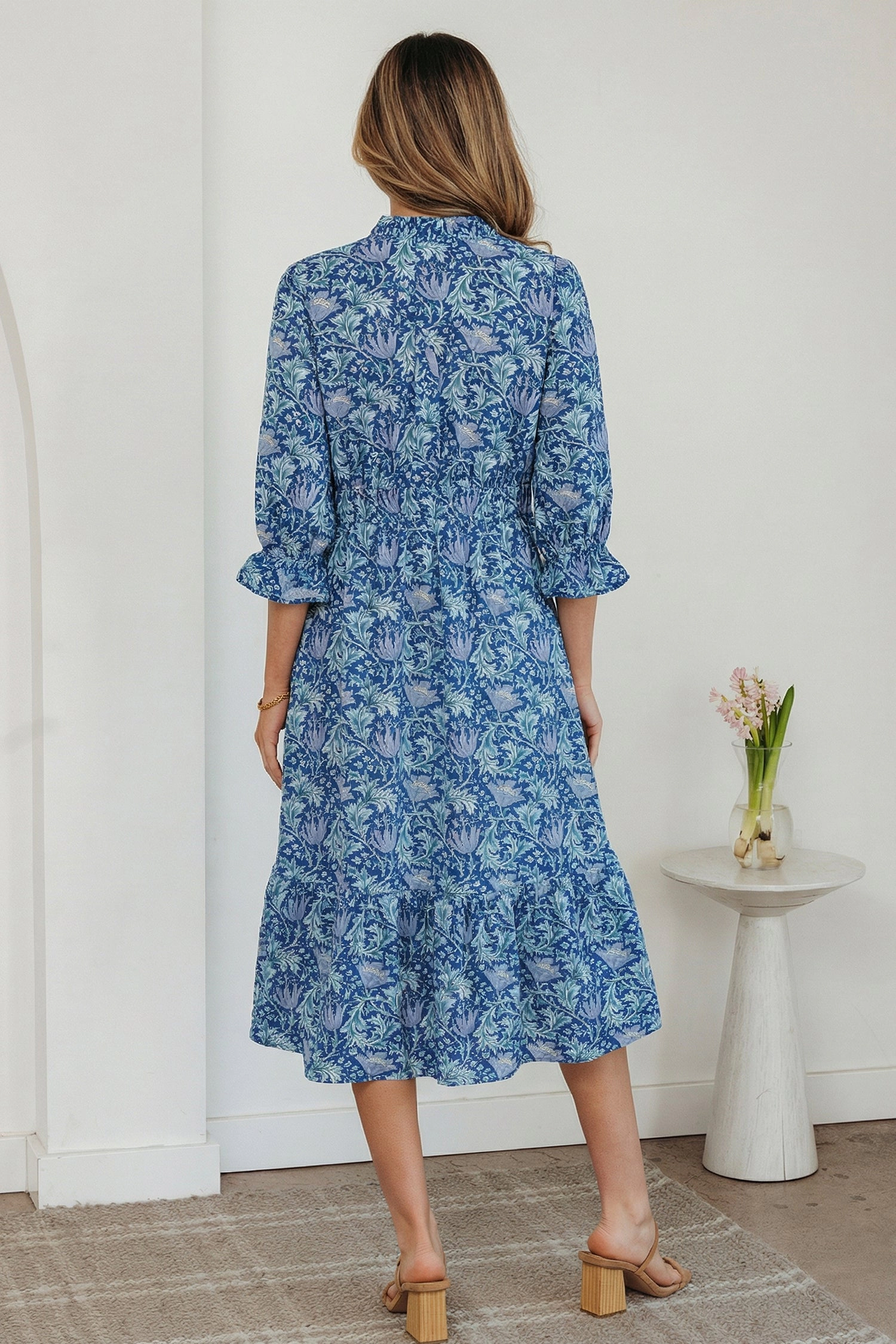 Threaded Pear Womens Athena Bracelet Sleeve Sky Blue Floral A-Line Dress