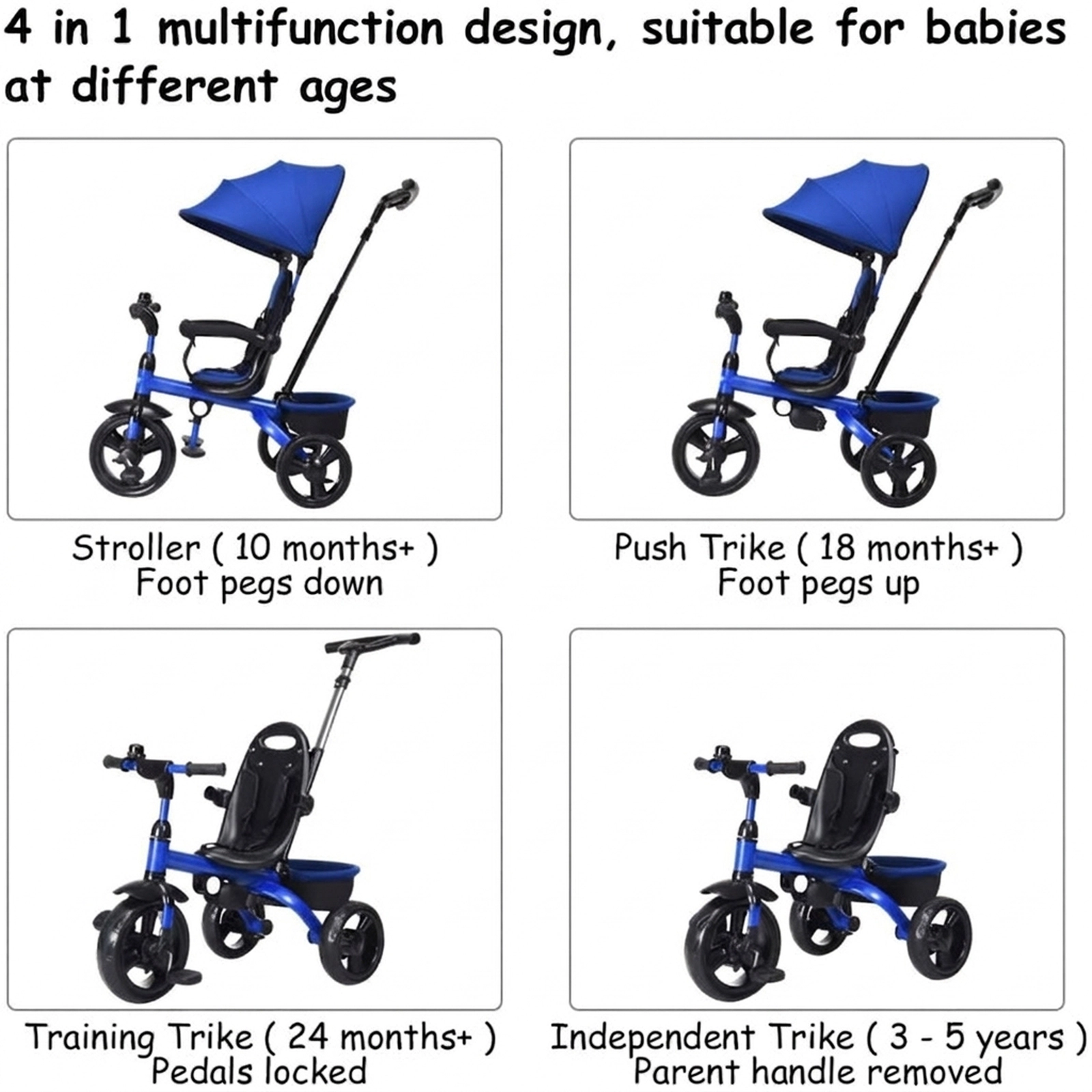 SUGIFT Toddler Blue 4-in-1 Tricycle with Adjustable Push Handle and Sun Canopy 41-in W 39-in H 50-lb Seat Capacity