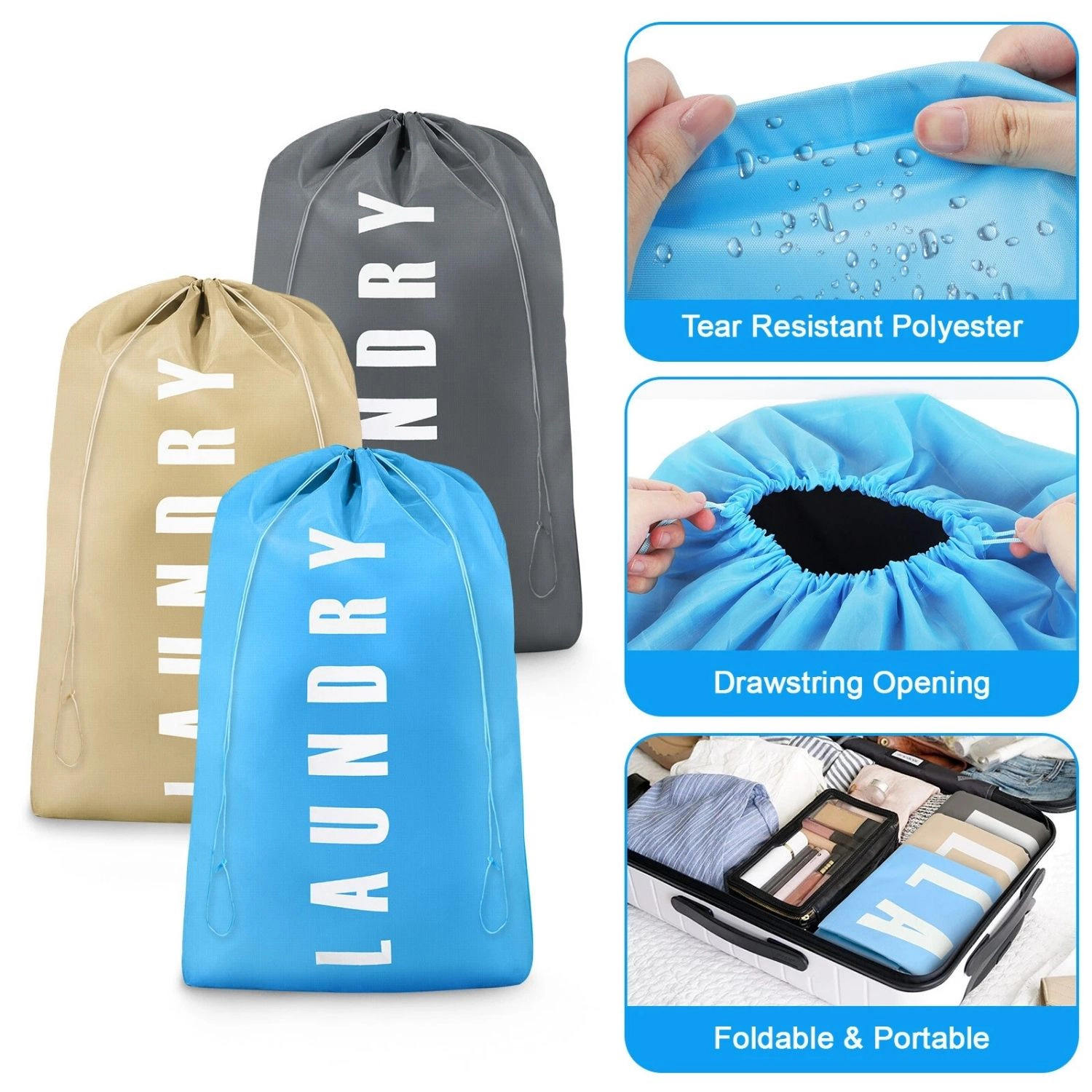 SS Design 3-Piece Large Heavy-Duty Laundry Bags, Drawstring Dirty Clothes Storage Organizer, Reusable Laundry Bag Set