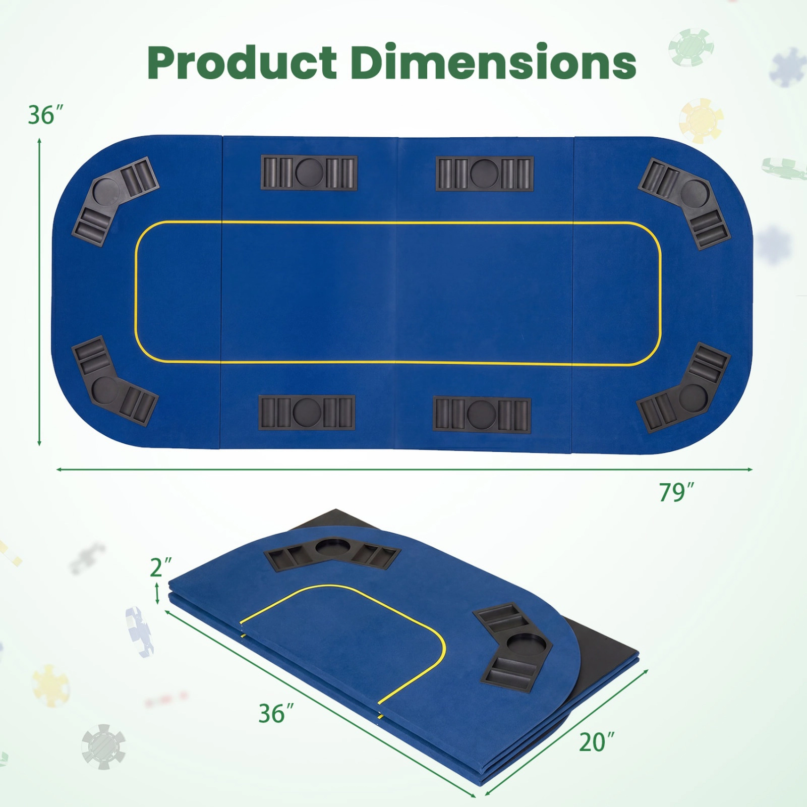 SUGIFT 79-in x 36-in 8-Player Foldable Poker Table Top with Cup Holders and Chip Trays with Carry Bag Blue Green