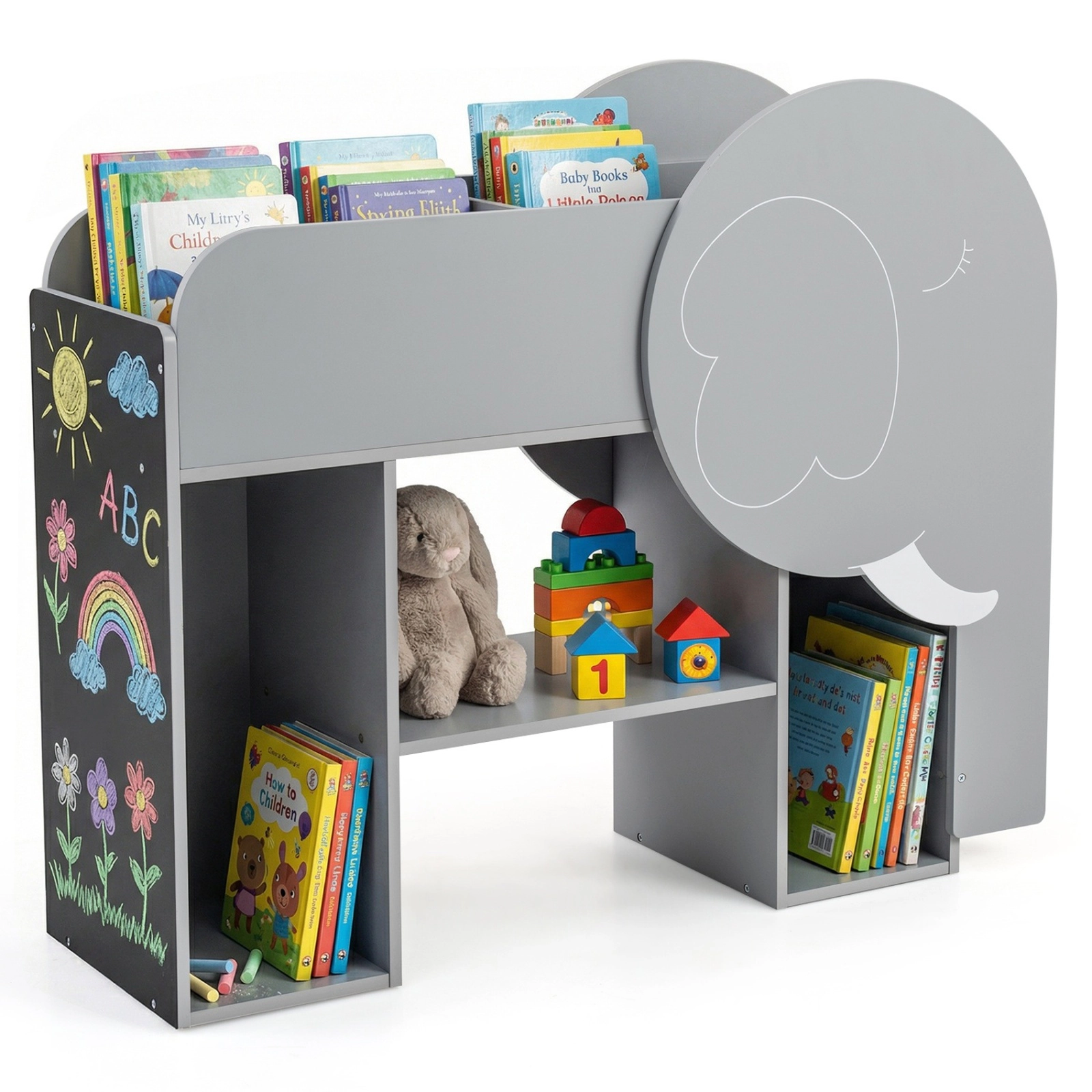 SUGIFT Gray 22-lb Shelf Elephant-Shaped Montessori 3-Tier Kids Bookshelf Toy Storage Organizer with Abacus