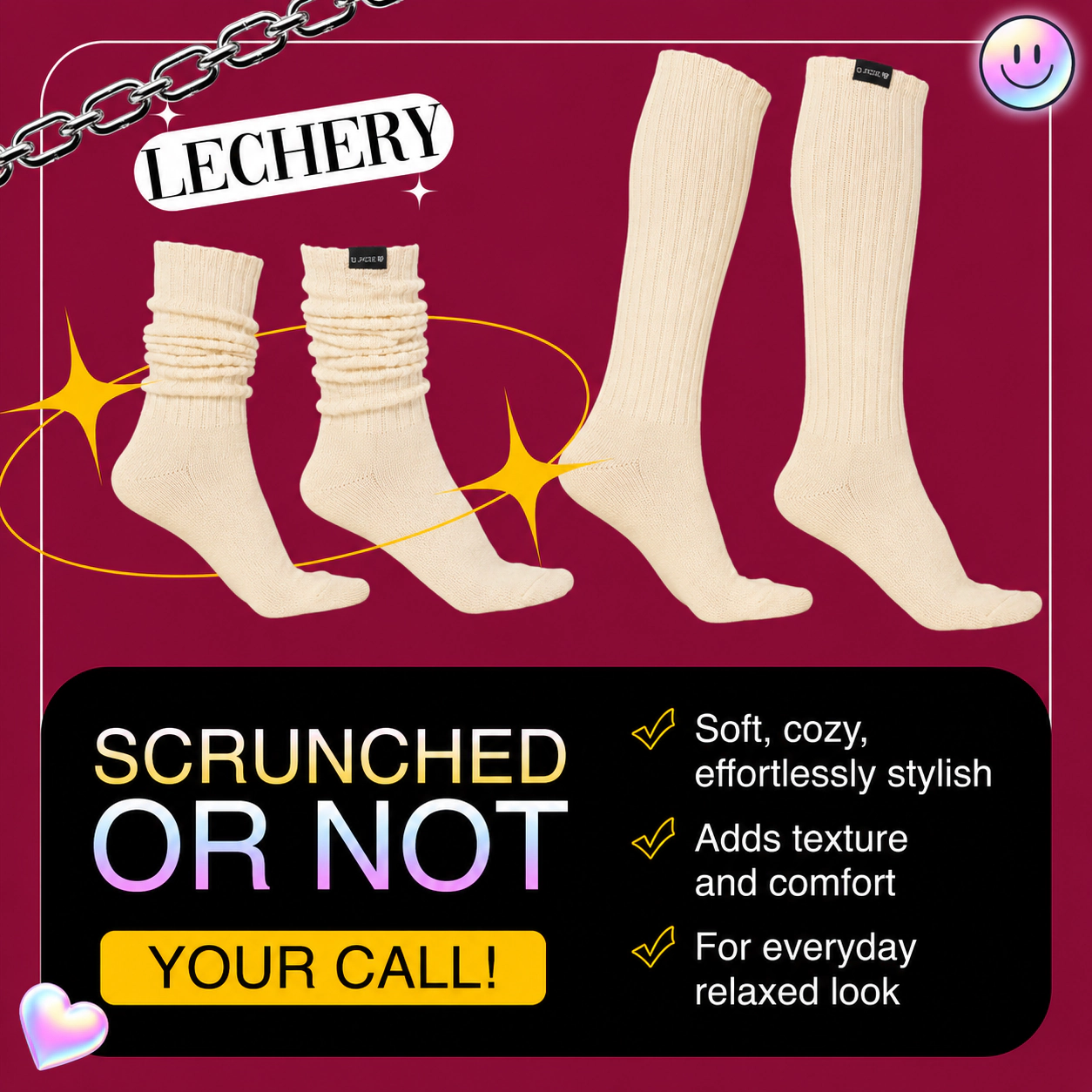 LECHERY 3-Pack Unisex Scrunch Socks Mid Calf Cotton Knit Retro Leg Warmer Style for Gym or Boot, One