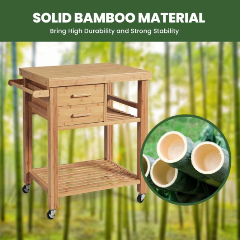Hivvago Bamboo Kitchen Trolley Cart with Tower Rack and Drawers