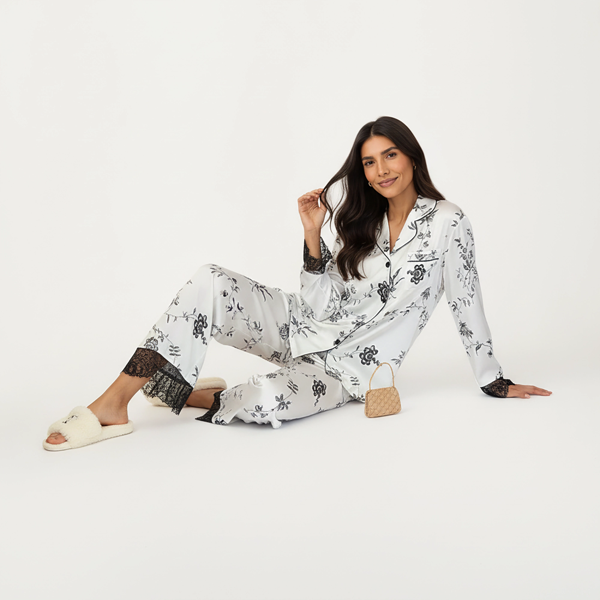 Anna-Kaci Women's Satin Pajama Set with Floral Print and Lace Trim Cuffs Hem