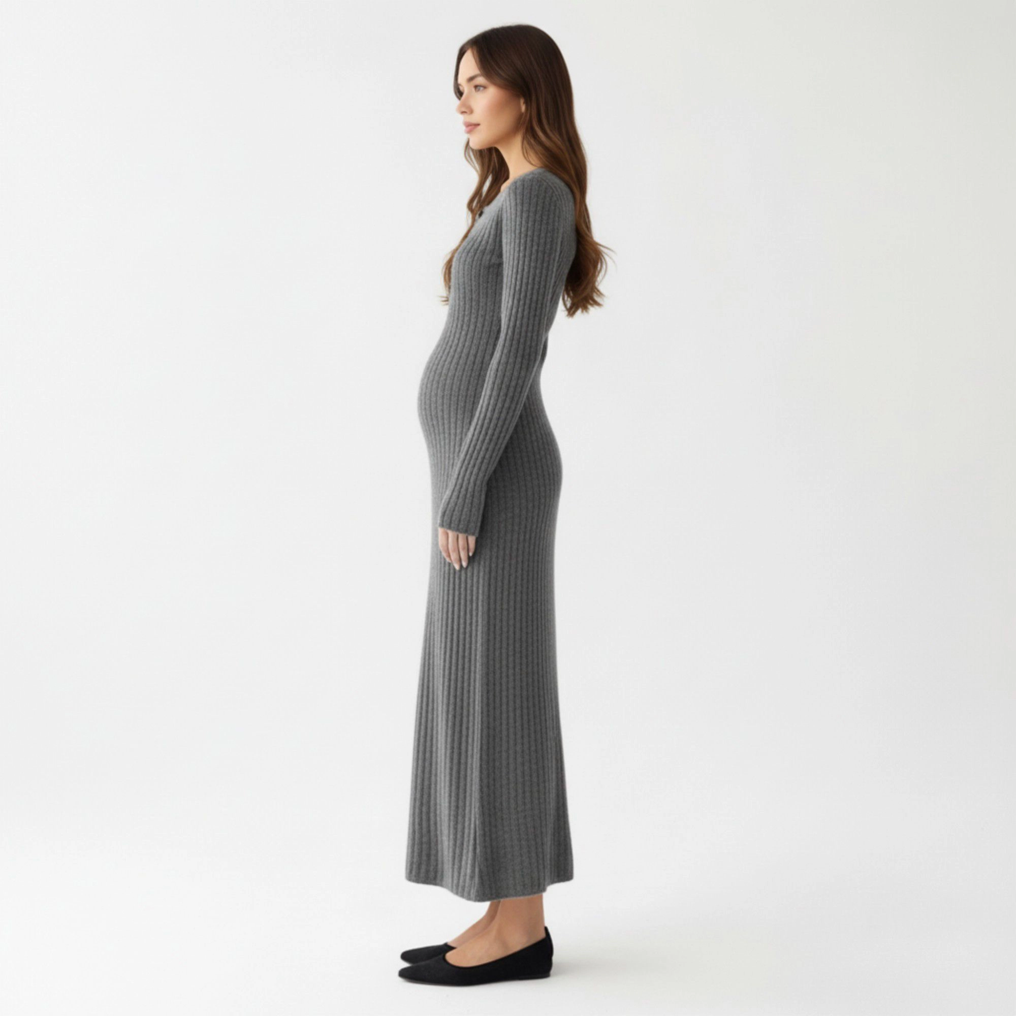 Anna-Kaci Women's Ribbed Knit Maternity Long Sleeves Stretch Fabric Flattering Button Front Maxi Dress