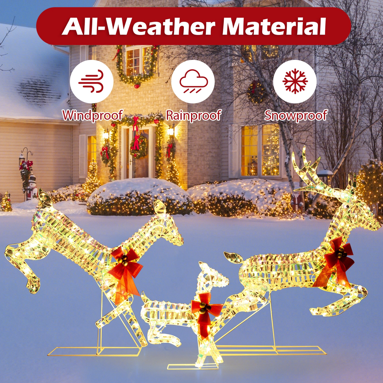 SUGIFT 3-Piece Lighted Christmas Reindeer Family with 230 Warm White LED Lights Bows and Ground Stakes