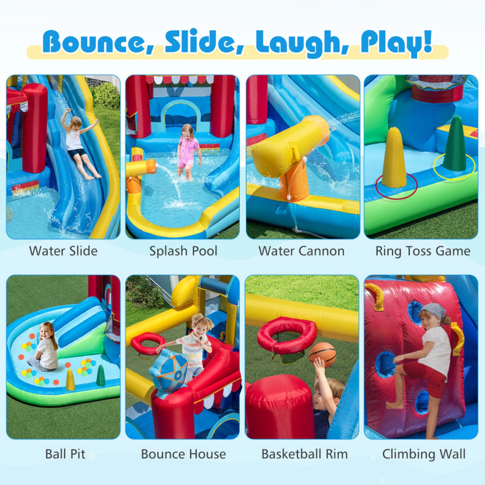 SUGIFT Inflatable Water Park with Splash Pool Water Cannon and Bounce House 200-lb Capacity Ages 3-12 Multi-Color