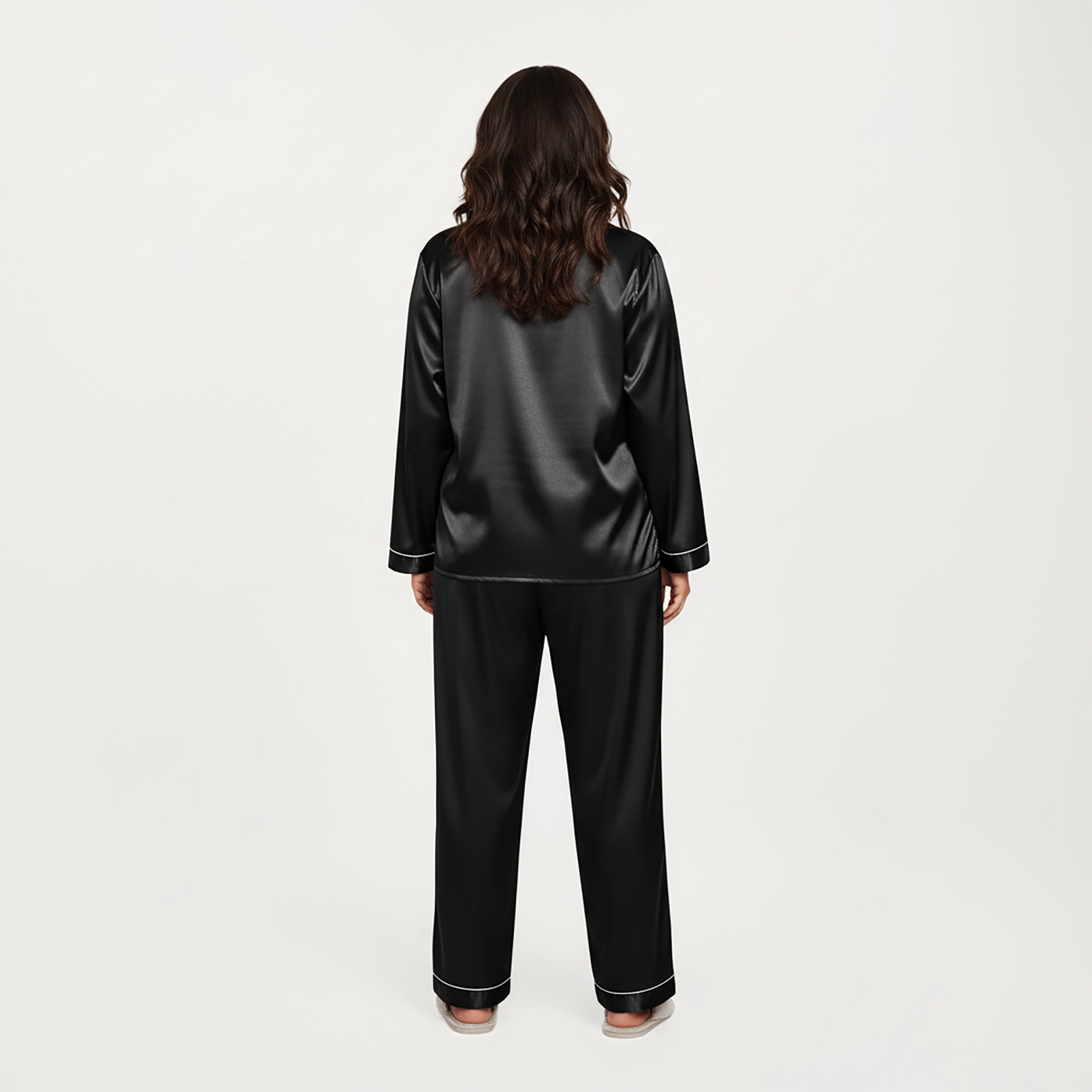 Anna-Kaci Women's Plus 2-Piece Satin Button Up Pajama Top and Relaxed Fit Pants with Contrast Piping Trim