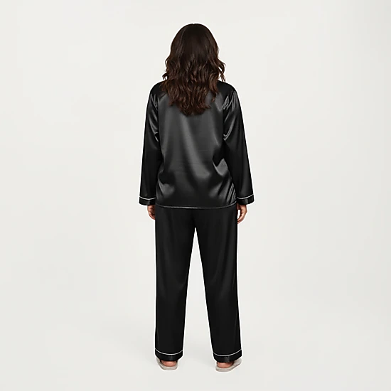 Anna-Kaci Women's Plus Size 2-Piece Satin Button Up Pajama Top and Relaxed Fit Pants with Contrast Piping Trim