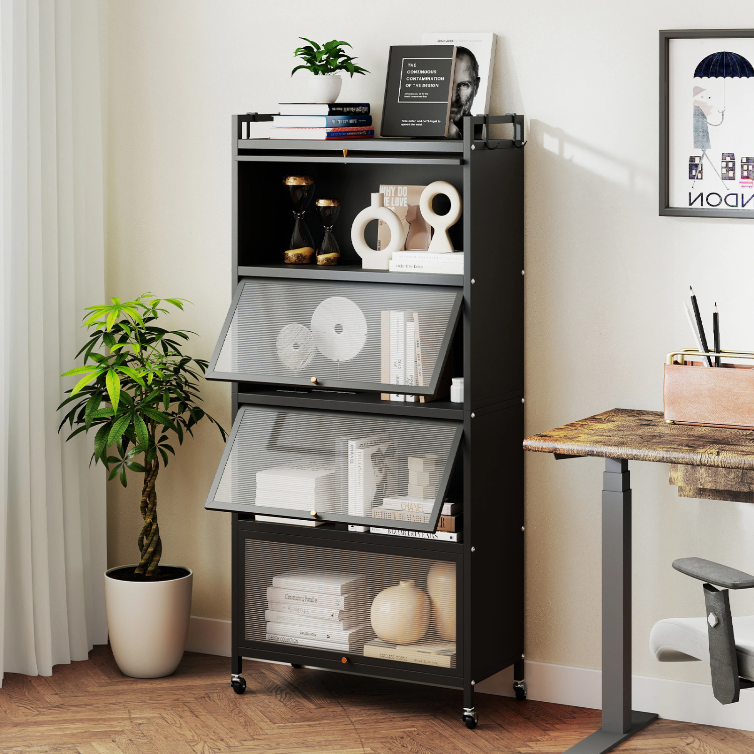 LJG 5-Tier Kitchen Storage Cabinet with 4 Flip-up PC Doors Adjustable Feet and Rolling Wheels