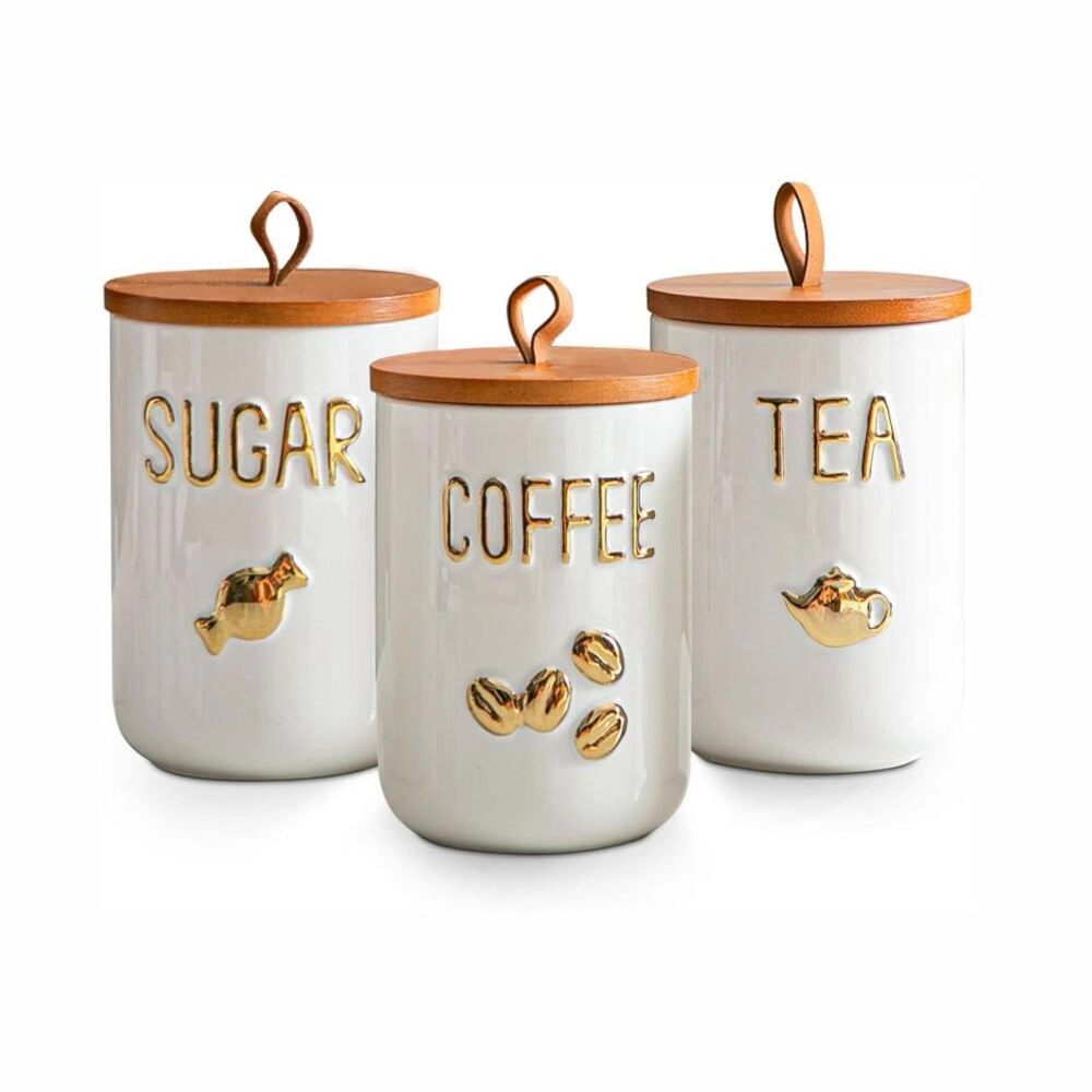 Toynee Starks Unisex Ceramic Kitchen Canister Set 25oz 3 Pack with Wooden Airtight Lids