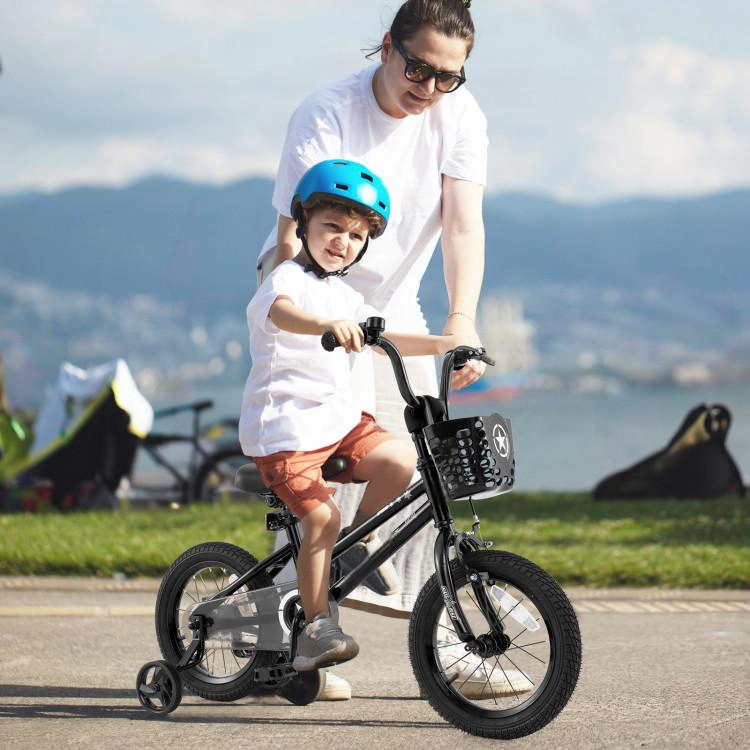 SUGIFT Black Front Basket Training Wheels and Dual Brakes Kids 14 Inch Bike