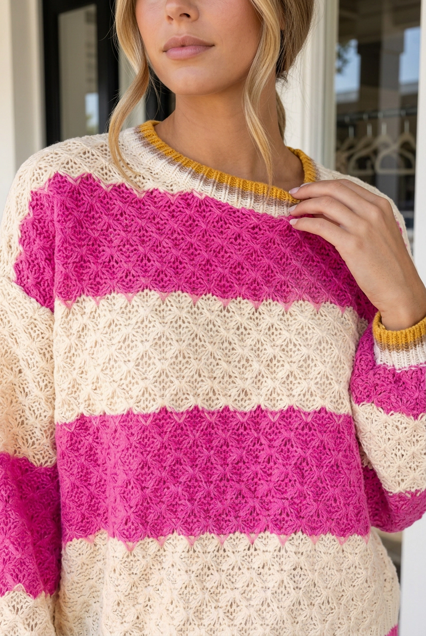 Threaded Pear Azalea Texture Drop Shoulder Sweater