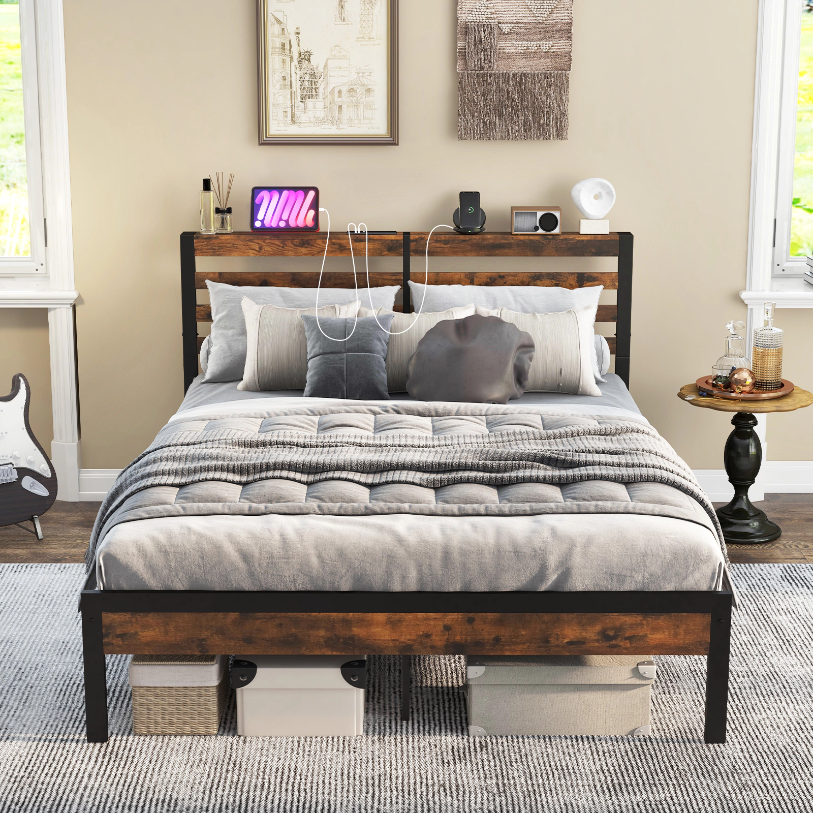 SUGIFT Rustic Brown Charging Station Storage Headboard and Metal Slats Queen Size Bed Frame