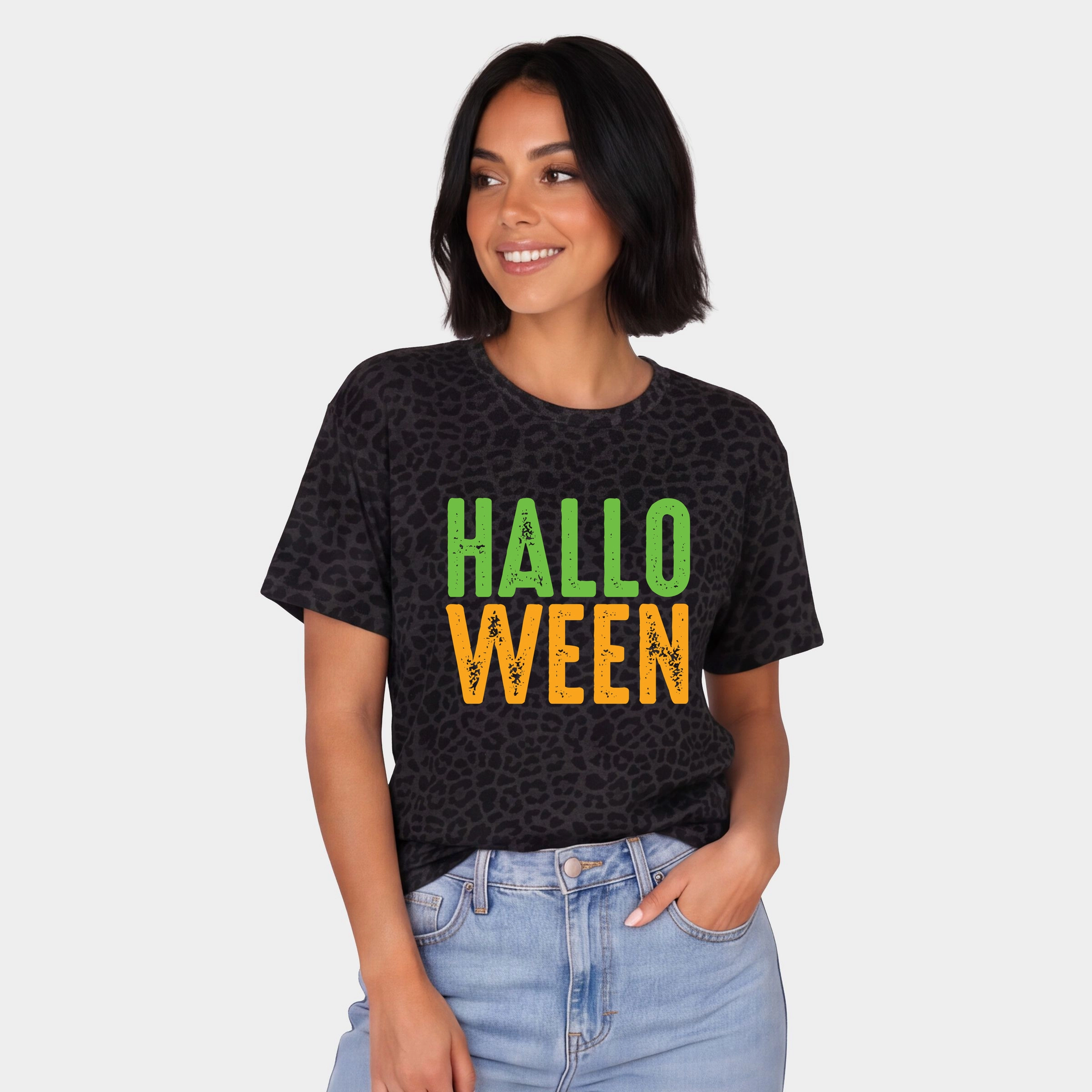 Simply Sage Market - Women's Leopard Print Tee Halloween Bright Distressed
