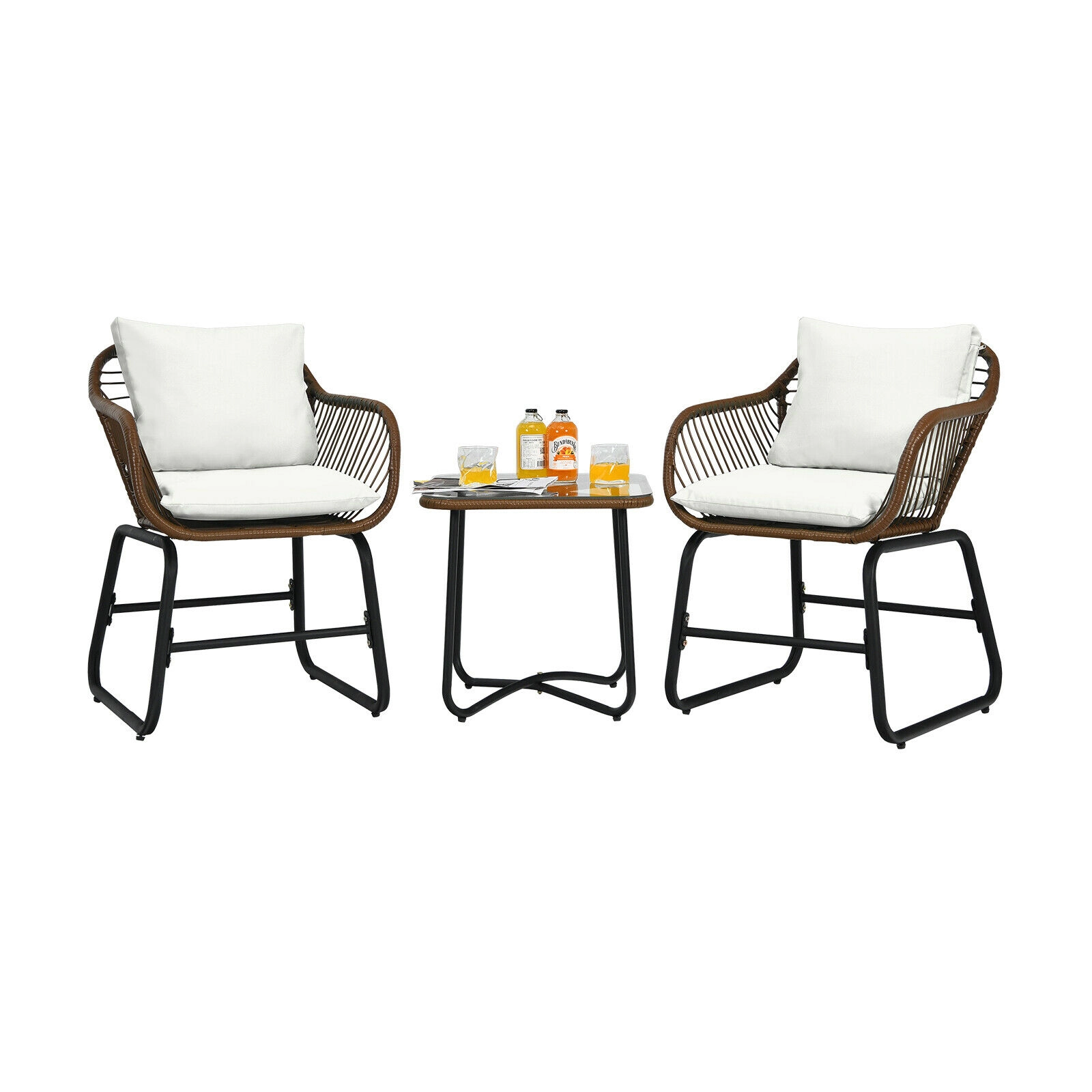 LJG 3 Pieces Patio Rattan Bistro Set Cushioned Chair Glass Table Deck