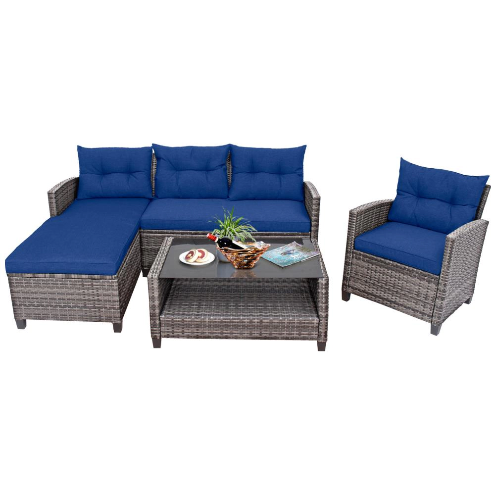 Hivvago 4 Pieces Patio Rattan Sofa Furniture Set With Cushion And 2-Tier Coffee Table
