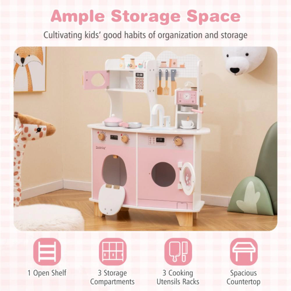Hivvago Wooden Kids Kitchen Playset with Coffee Maker for kids-Pink