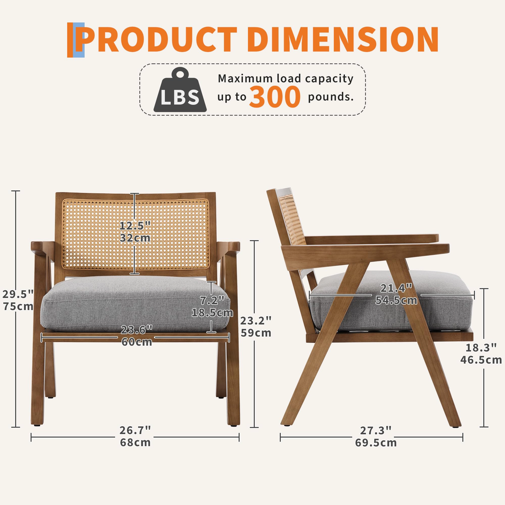BebreezChic Mid-Century Accent Chair, Farmhouse Wood Armchair with Rattan Backrest & Cushion