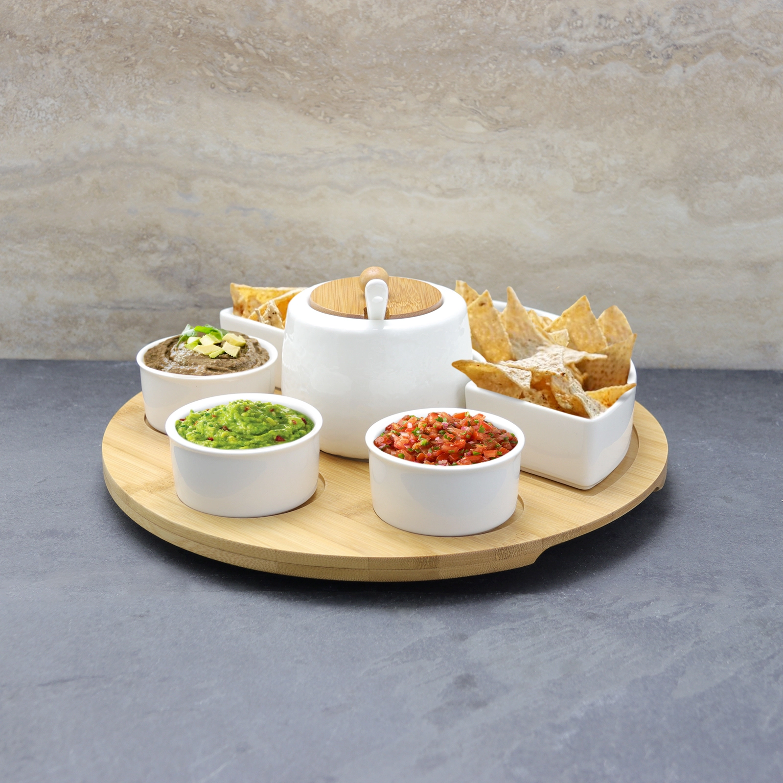 Elama 8 Piece Appetizer Serving Set with 4 Serving Dishes, Center Condiment Server, Spoon